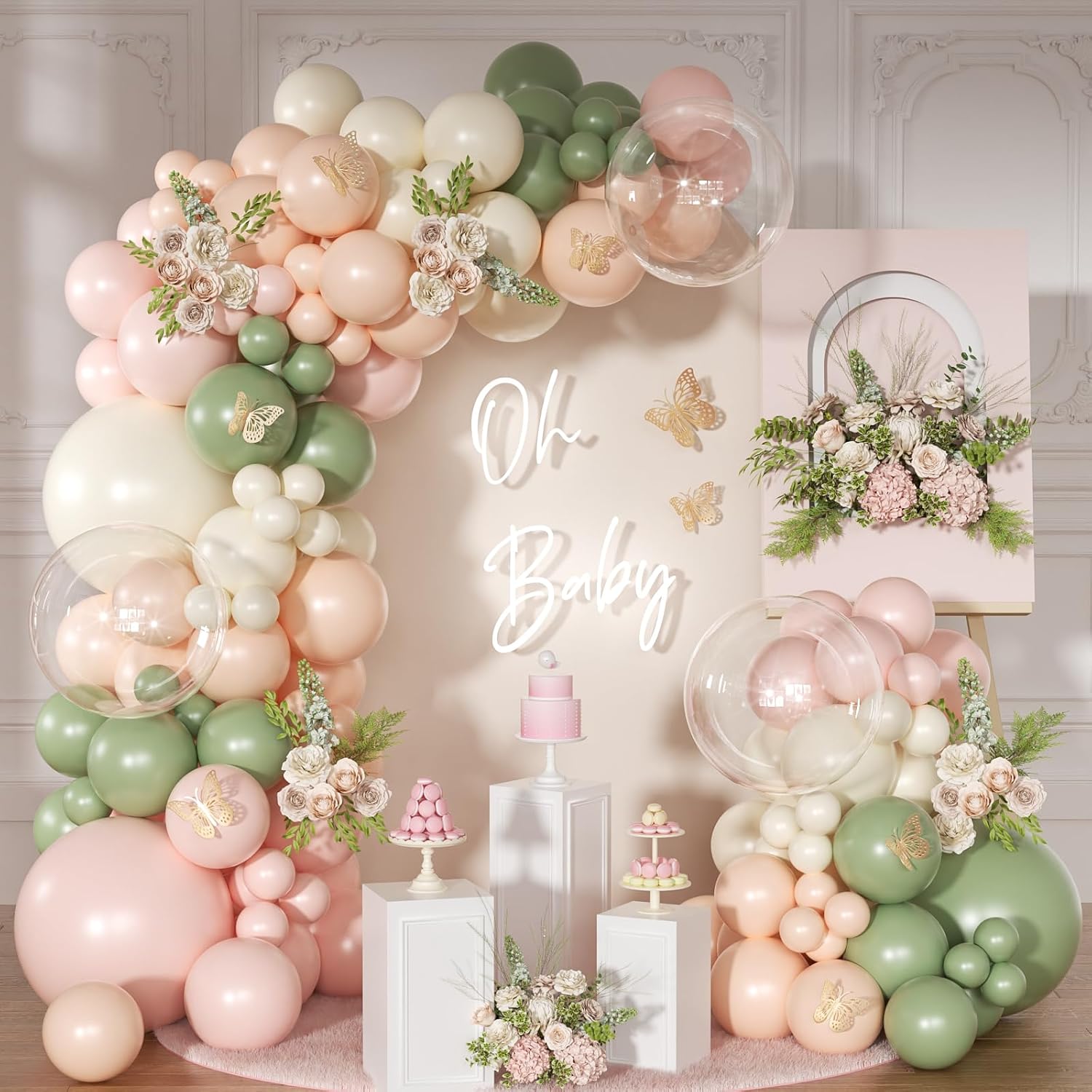 Balloon Arch Kit - 109Pcs Pink and Sage Green White